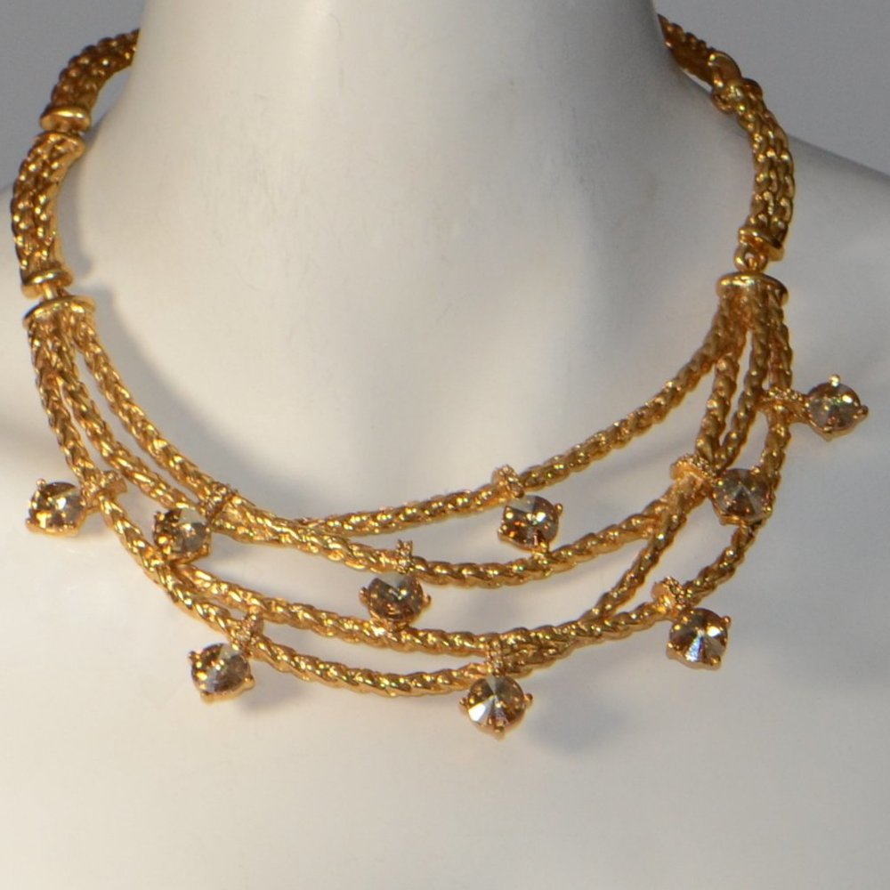 OSCAR DE LA RENTA  Gold Tone Crystal Bib Necklace